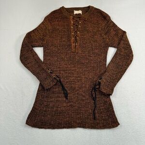 Hand Loomed Long Sleeve Ribbed Top Womens Size Medium* Orange Brown Tie Stretch